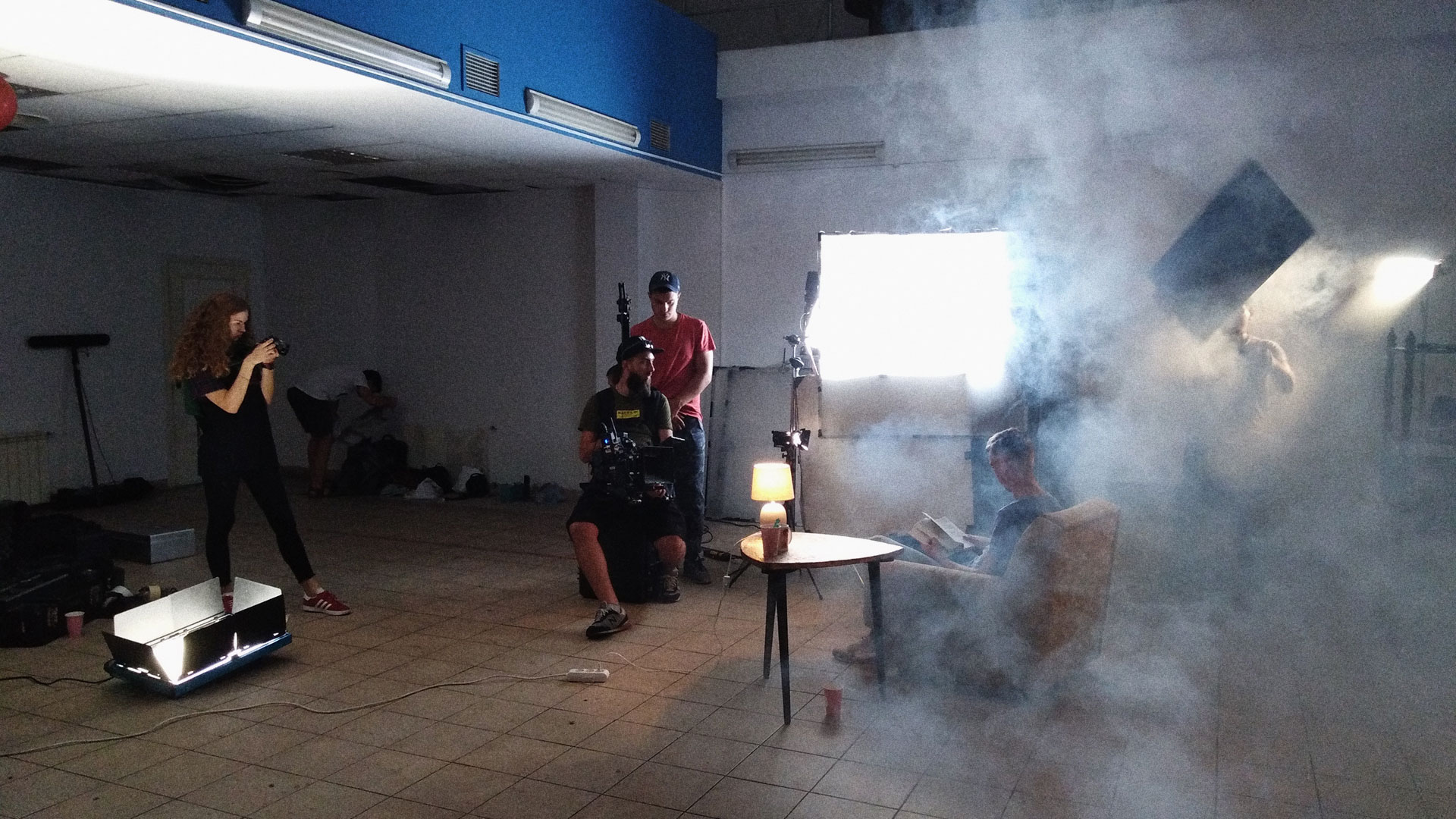 To add depth to the scene, we used a smoke machine. We went a bit overboard the first time and had to disperse the excess smoke.